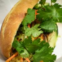 Tofu Sandwich · Toasted baguette with fresh and pickled vegetables, vietnamese bbq charbroiled tofu topped w...