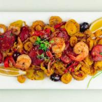 Calamari di Cabo Verde · Fried calamari blended with sautéed shrimp, chorizo, banana peppers, olives and red bell pep...
