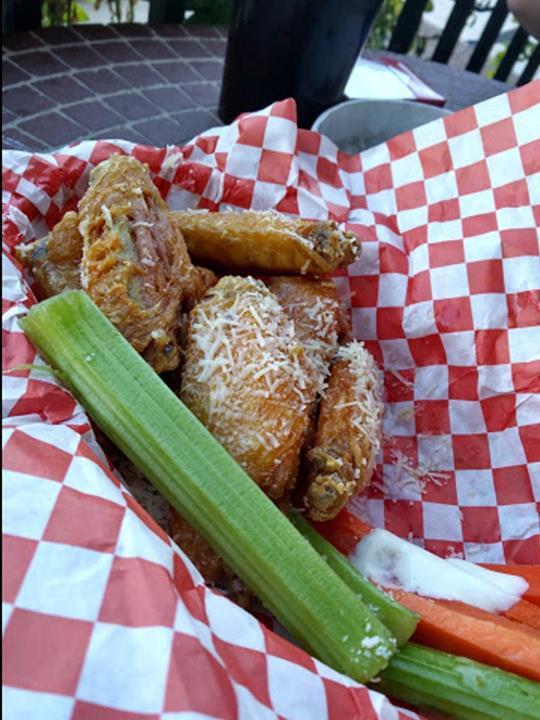 Wings · Our wings are huge and meaty. Order 5 or 10 at a time. Served with celery and carrot sticks and your choice of ranch or bleu cheese.