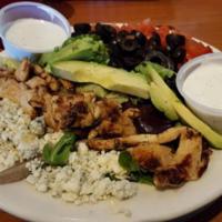 Cobb Salad · Fresh mixed greens topped with grilled chicken, diced tomatoes, black olives, sliced avocado...