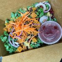 Superfood Salad · Kale, sweet potato and black beans, cranberries, quinoa, and blueberry vinaigrette. Vegan. G...