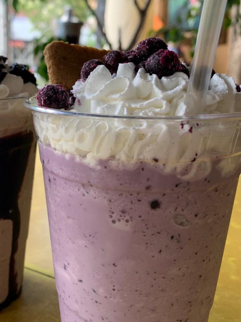 Blueberry Cheesecake · Blueberry shake flavored with cheesecake flavoring, frozen blueberries, whipped cream, and graham crackers.
