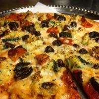 Vegetable Pizza · Zucchini, roasted cauliflower, roasted tomato, and olives. Vegetarian.
