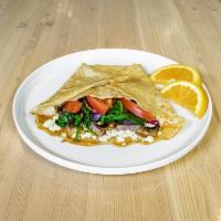 Veggie Crepe · Baby spinach, mushroom, red onion, tomato, and feta cheese.
