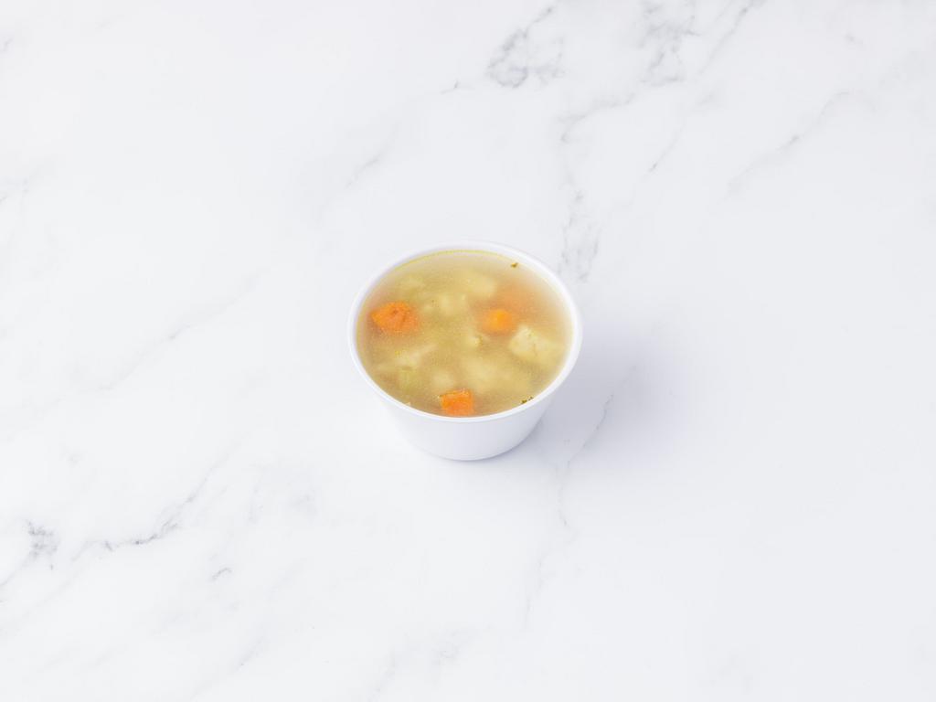 Chicken Noodle Soup · Chunks of chicken breast simmered in a soothing home-style chicken stock with celery carrots and light noodles.