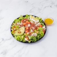 Cobb's Hill Salad · Romaine lettuce, bacon, avocado, cheddar, grape tomato, grilled chicken, sliced egg with Bal...