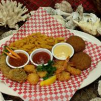 Seafood Sampler · Sea scallops, coconut shrimp, fried shrimp, crab cakes and jumbo clam strips. (No substituti...