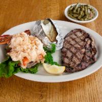 Surf N' Turf · A 10 oz. ribeye steak cooked to your preference and a 9 oz. lobster tail broiled or fried.