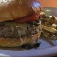 Stolen Base Burger · Smothered with sauteed mushrooms, melted swiss cheese and tomato.