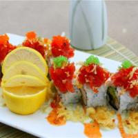 Sakura Roll · Crab stick, shrimp, avocado, cucumber inside top with spicy tuna, tempura flakes tobiko, was...