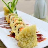 Kansas Roll · Deep fried spicy white fish and avocado with eel sauce and spicy mayo. Spicy and cooked.
