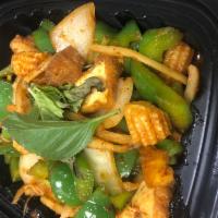 Pad Prik · Your choice of meat stir fried with red curry paste, bamboo shoots, basil, chili peppers, ba...
