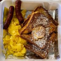 French Toast Special with Sausage · Two slices(4 half slices) of french toast topped with powdered sugar, cinnamon, and butter, ...