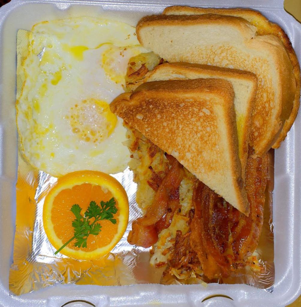 Bacon and Eggs · 3 strips of thick bacon served with 2 extra-large eggs, hashbrowns, toast, and jelly.
