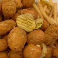 Shack Basket · Mac & Cheese Bites, Cheese Curds, Spicy Pickles, and Fries