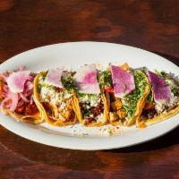 Taco Truck Bag · 5 Tacos with your choice of meat and tortillas. Cilantro, onion, tomato, radish, and queso f...