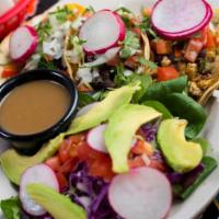 Vegan Taco Plate · 3 corn tortillas filled with your choice of vegan option, black beans, cilantro, radish, oni...