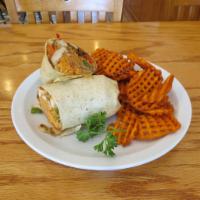Santé Fe Grilled Chicken Wrap · Grilled Chicken, sautéed bell peppers & onions, re-fried rice, pinto beans, your choice of w...
