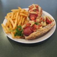 Two Grand Day Hot Dogs · Bacon wrapped all beef Hot dog top with pico degallo ketchup and spicy brown mustard. Served...