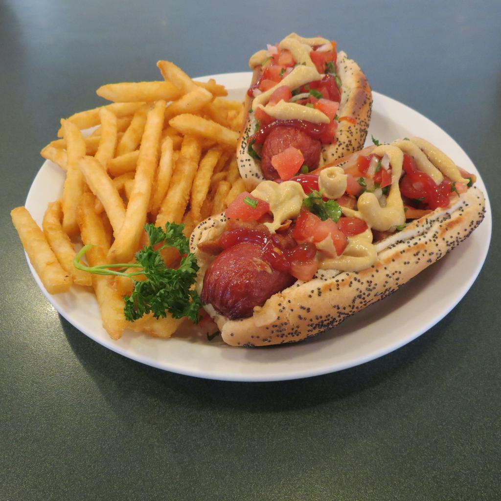 Two Grand Day Hot Dogs · Bacon wrapped all beef Hot dog top with pico degallo ketchup and spicy brown mustard. Served with a lunch side.