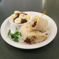 Hash Brown Burrito · Crispy hash browns, crumbled bacon, cheese, eggs, and your choice of tortilla.