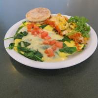 Summer Omelette · Spinach, Tomatoes, Mushroom & Feta. Top with homemade Hollandaise sauce
