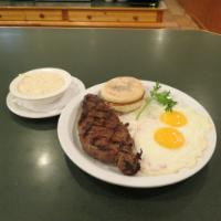 NY Strip Steak and Eggs · 8 oz. angus strip steak with your choice of toast and a breakfast side.