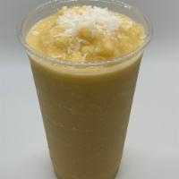 Peachy Coconut Smoothie · Peaches blended with orange juice, coconut milk, sugarcane juice, shaved coconut vanilla, ic...