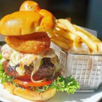 Hot Johnny Burger · Sausage, jalapenos, aged white cheddar, crispy onion rings, spicy aioli, lettuce, tomato, on...