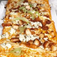 Buffalo Chicken Flatbread Dinner · Crispy Buffalo chicken, blue cheese crumbles, shaved celery and mozzarella.