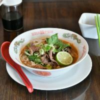 Beef Noodle Soup · Rice noodle, bean sprout and Chinese broccoli in beef broth.