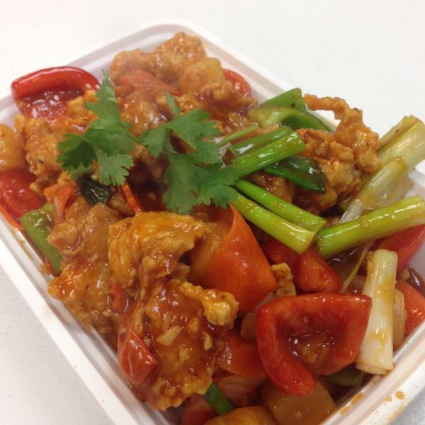 Chicken Sweet and Sour Sauce · Crispy chicken, onion, bell pepper, carrot, tomatoes, pineapple and scallion in sweet and sour sauce.