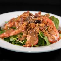 Spinach Bacon Salad · Spinach with crispy bacon and tomatoes, served with our vinaigrette dressing.