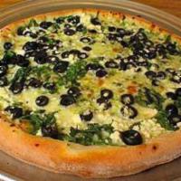 Greco Pizza · Spinach, feta, and black olives in our pesto sauce.