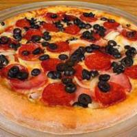 Portuguese Pizza · Linguica, black olives, ham, and onions.
