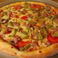 Italian Pizza · Artichoke hearts, sausage, tomatoes, and banana peppers.