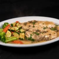 Chicken Piccata · Breast of chicken sauteed with capers in a spicy lemon sauce. Served with spaghetti or veget...