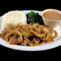 Bife Acebolado · Grilled 8 oz. New York steak with onions, served with rice, red beans, and collard greens.