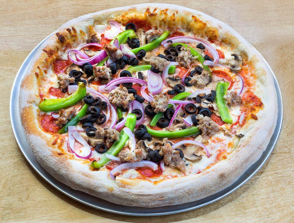 Homerun Pizza Baby · Pepperoni, Canadian bacon, Italian sausage, black olives, green peppers, fresh mushrooms, onions