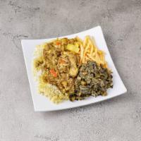 Curry Chicken Dinner · Cooked in authentic Jamaican curry powder. Served with white rice, yellow rice or rice and p...