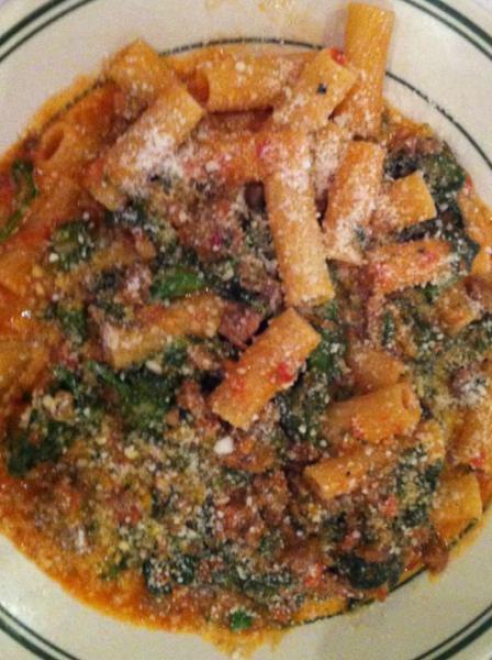 Rigatoni alla Frankie · Fresh spinach, broccoli, pepperoni and sausage with a touch of light cream sauce.