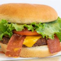 Classic ’Bacon’ Cheeseburger · Patty choice with ’bacon,’ American ’cheese,’ lettuce, tomato, raw onion, pickles, ketchup, ...