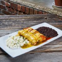 Enchiladas · 2 soft corn tortilla stuffed with cheddar jack cheese and choice of protein topped with chee...