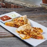 Chicken Spinach & Artichoke Quesadilla · Homemade creamy spinach and artichoke dip, grilled chicken, tomatoes, and bacon all grilled ...