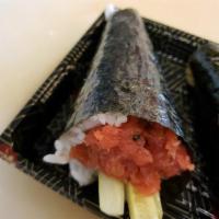 Spicy Tuna Hand Roll · Spicy tuna, rice & cucumber wrapped in a seaweed roll.