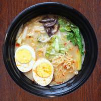 Veggie Ramen with Egg · Ramen noodle soup with bok choy, cabbage, Chinese mushroom and egg, in pork bone broth. ( Ve...