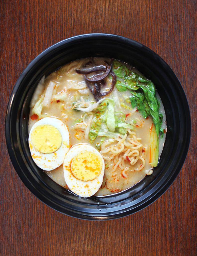 Veggie Ramen with Egg · Ramen noodle soup with bok choy, cabbage, Chinese mushroom and egg, in pork bone broth. ( Vegetarian broth available upon request )
