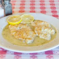 Chicken Francese · Dinner portion. Chicken scallopini battered and sauteed in a butter, white wine and lemon sa...