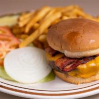 Bacon Cheddar Burger · Ground beef patty, bacon and cheddar cheese. Served with lettuce, tomato and onion.