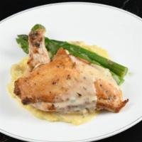 Pan Roasted Chicken · Mashed potatoes, asparagus, herb butter sauce